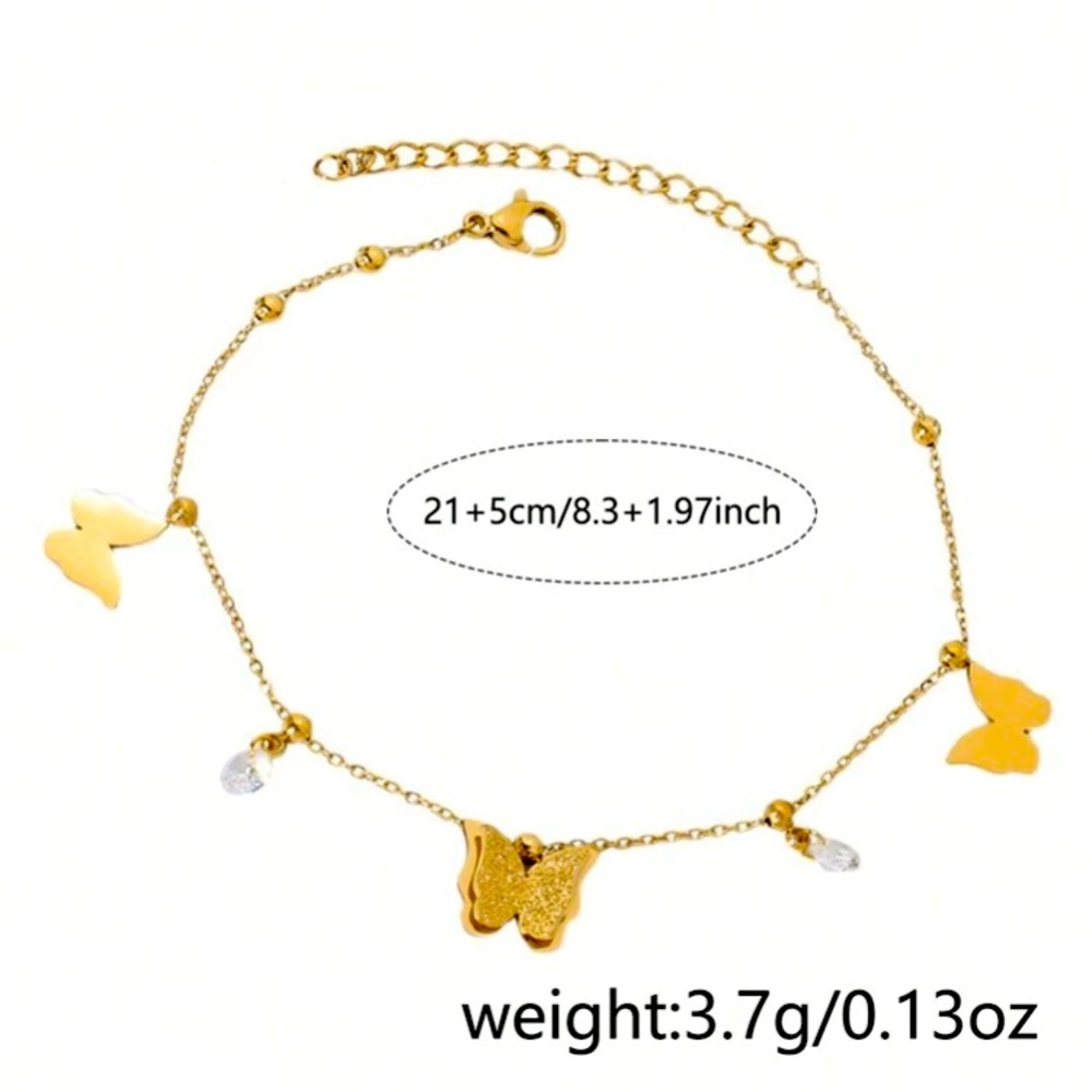 1pc Gold Stainless Steel Butterfly & Cubic Zirconia Anklet For Women